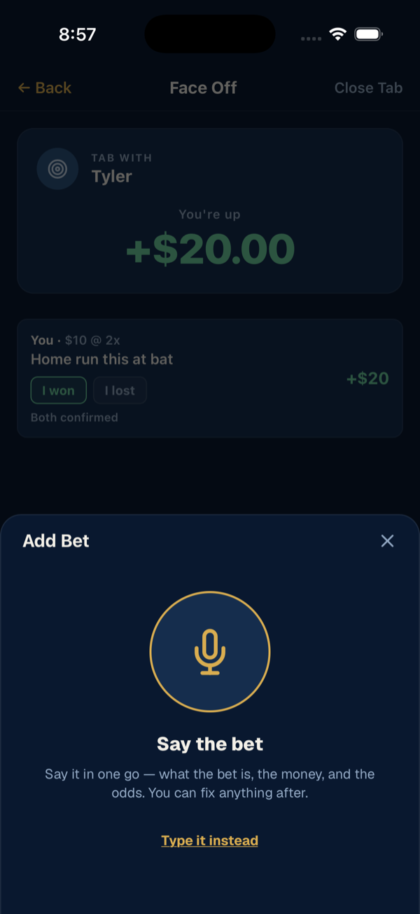 A Stevo Face Off with one friend: who is up at the top, a bet with I won and I lost buttons, and the Add Bet sheet open on its microphone