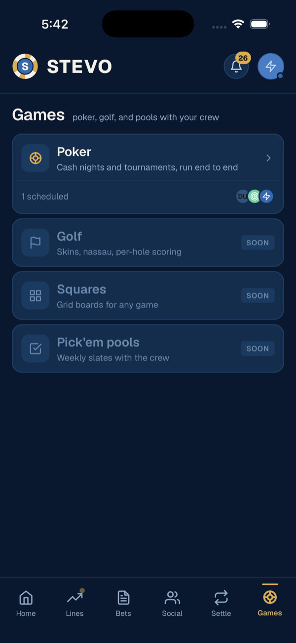 The Stevo Games tab: Poker is live, with Golf, Squares and Pick'em pools marked SOON