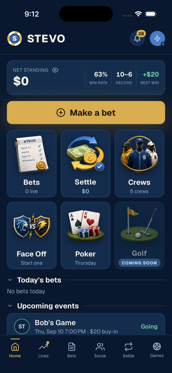 The Stevo home screen: net standing, Make a bet, and tiles for Bets, Settle, Crews, Face Off, Poker and Golf